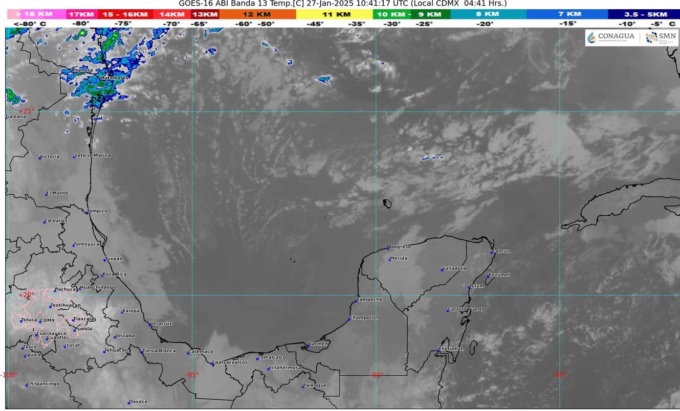 Pronóstico del clima en Quintana Roo para hoy lunes 27 de enero 2025; cielo nublado con intervalos de chubascos en Campeche y Quintana Roo; lluvias aisladas en zonas de Yucatán.
