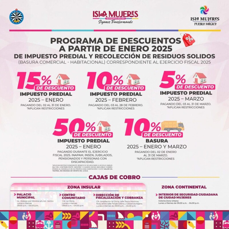 Gobierno de Isla Mujeres arranca Programa de Descuentos del Predial 2025; se puede realizar el pago de manera rápida y segura a través del portal oficial del Ayuntamiento de Isla Mujeres www.islamujeres.gob.mx.