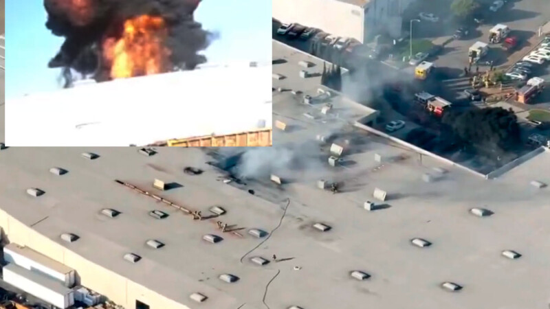 Avión se estrella en almacén de California