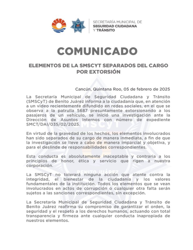 Anuncia la presidenta municipal de Benito Juárez que separan del cargo a elementos de Seguridad Ciudadana por presunto acto de extorsión.