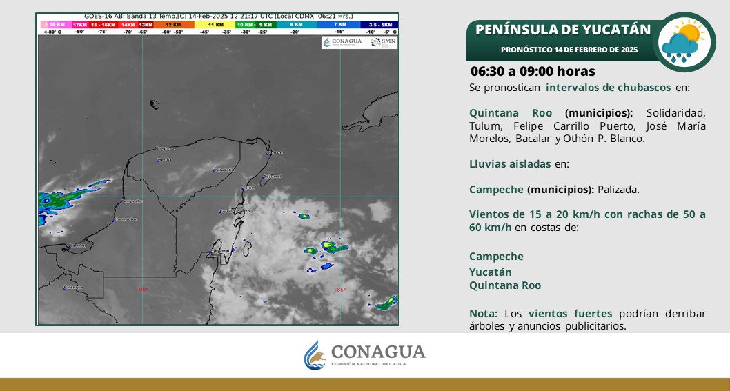 Pronóstico del clima en Quintana Roo para hoy viernes 14 de febrero 2025; cielo medio nublado con lluvias puntuales fuertes en el estado.