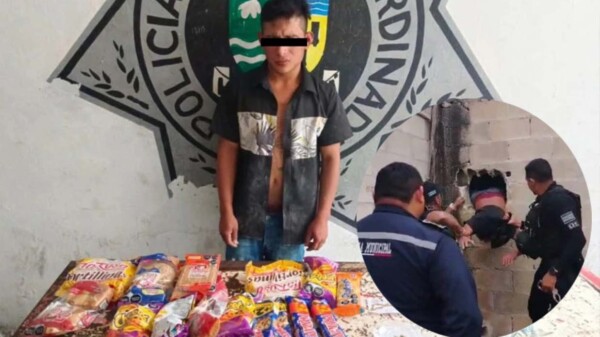 Sorprenden a ladrón robando botanas tras agujerar pared de una tienda en Yucatán