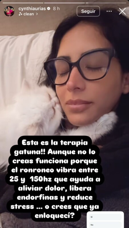 Cynthia Urías se recupera en casa con 'gatoterapia' tras ser hospitalizada
