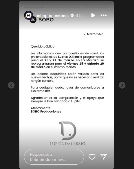 Lupita D’Alessio cancela conciertos por motivos de salud