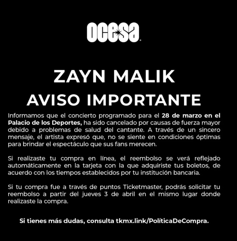 Zayn Malik cancela concierto en CDMX por problemas de salud