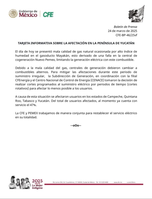 CFE da a conocer la causa del apagón masivo en el sureste de México