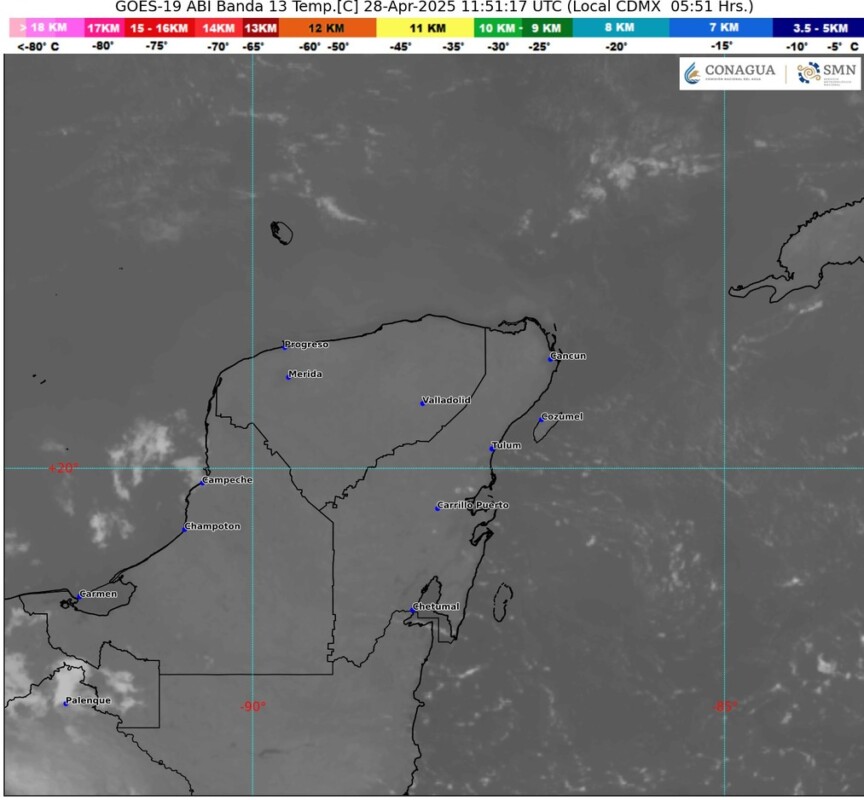 Pronóstico del clima en Quintana Roo para hoy lunes 28 de abril 2025; cielo medio nublado con lluvias aisladas en el estado, Campeche y Yucatán.