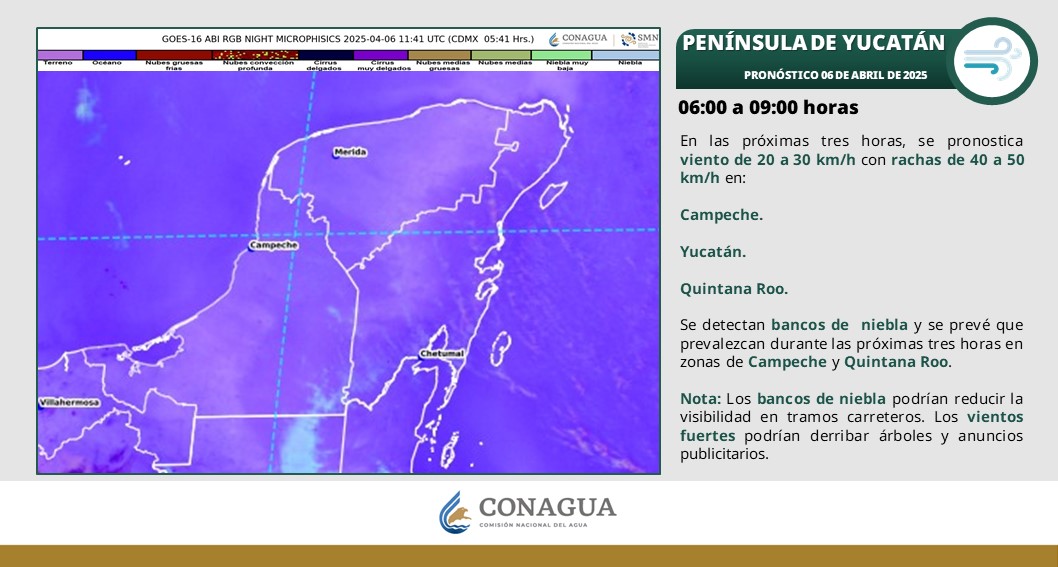 Pronóstico del clima en Quintana Roo para hoy domingo 6 de abril 2025; cielo medio nublado con chubascos en Yucatán y lluvias aisladas en el estado.