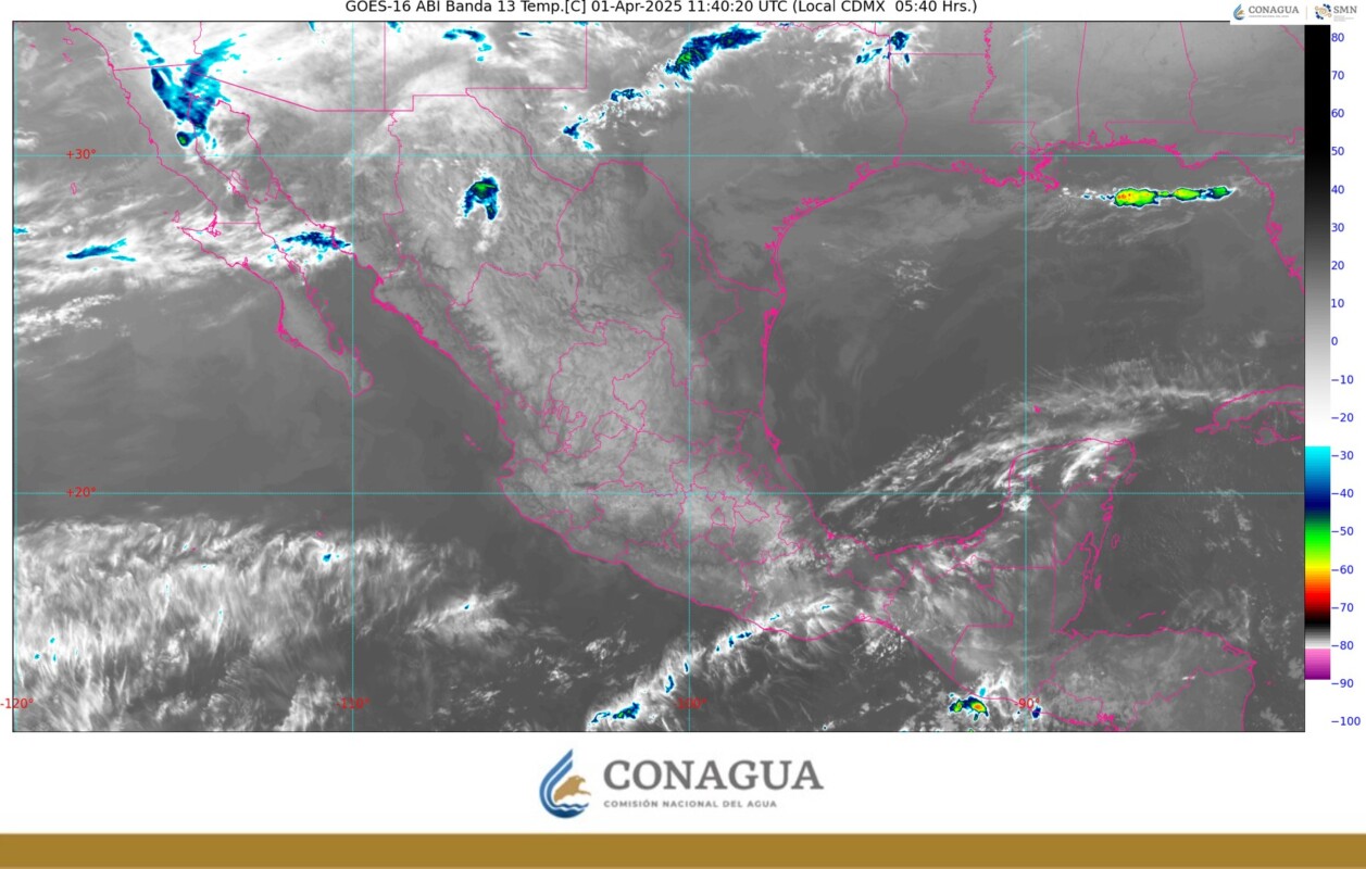 Pronóstico del clima en Quintana Roo para hor martes 1 de abril 2025; cielo medio nublado durante el día, con lluvias aisladas en Campeche y Quintana Roo.