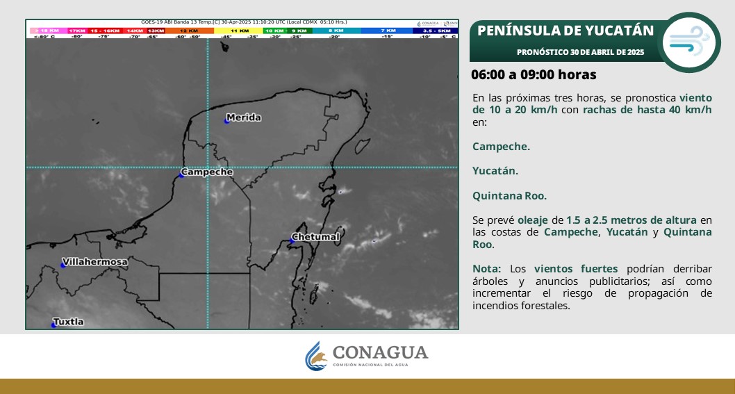 Pronóstico del clima en Quintana Roo para hoy miércoles 30 de abril 2025; Cielo medio nublado con lluvias aisladas en el estado, Yucatán y Campeche.