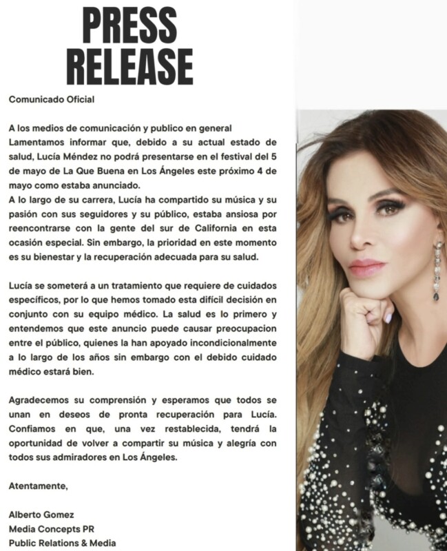 Lucía Méndez cancela presentación en Los Ángeles por motivos de salud