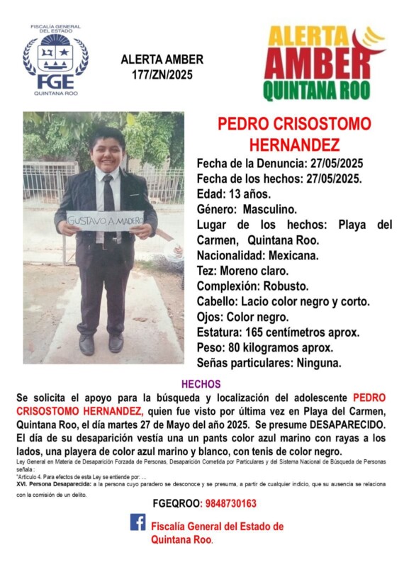 Localizan a un adolescente desaparecido en Playa del Carmen; autoridades desactivaron la alerta por P.C.H., de 13 años de edad.