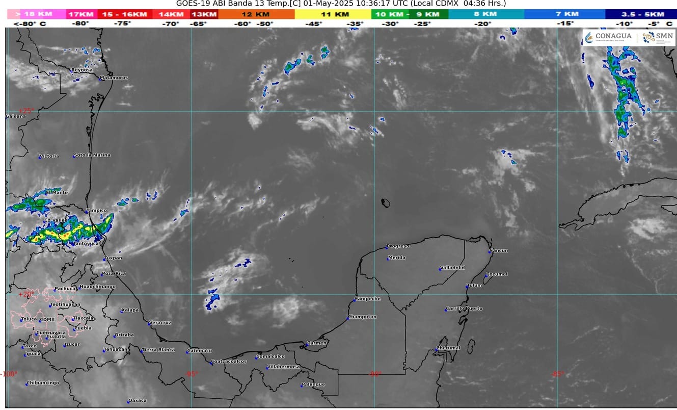 Pronóstico del clima en Quintana Roo para hoy jueves 1 de mayo 2025; cielo despejado a medio nublado con lluvias aisladas.