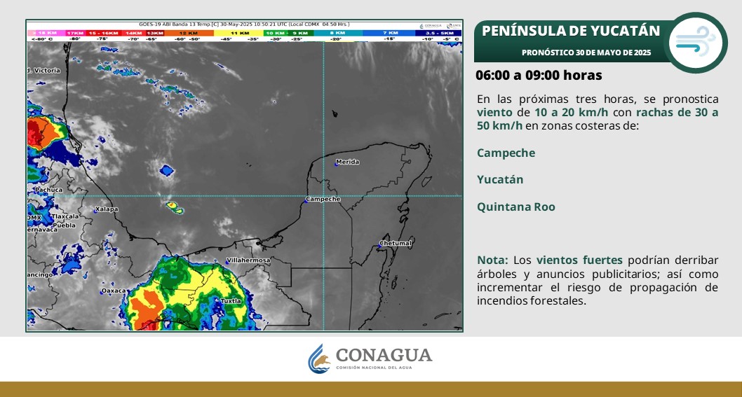 Pronóstico del clima en Quintana Roo para hoy viernes 30 de mayo 2025; cielo medio nublado durante el día, con lluvias aisladas en la región.