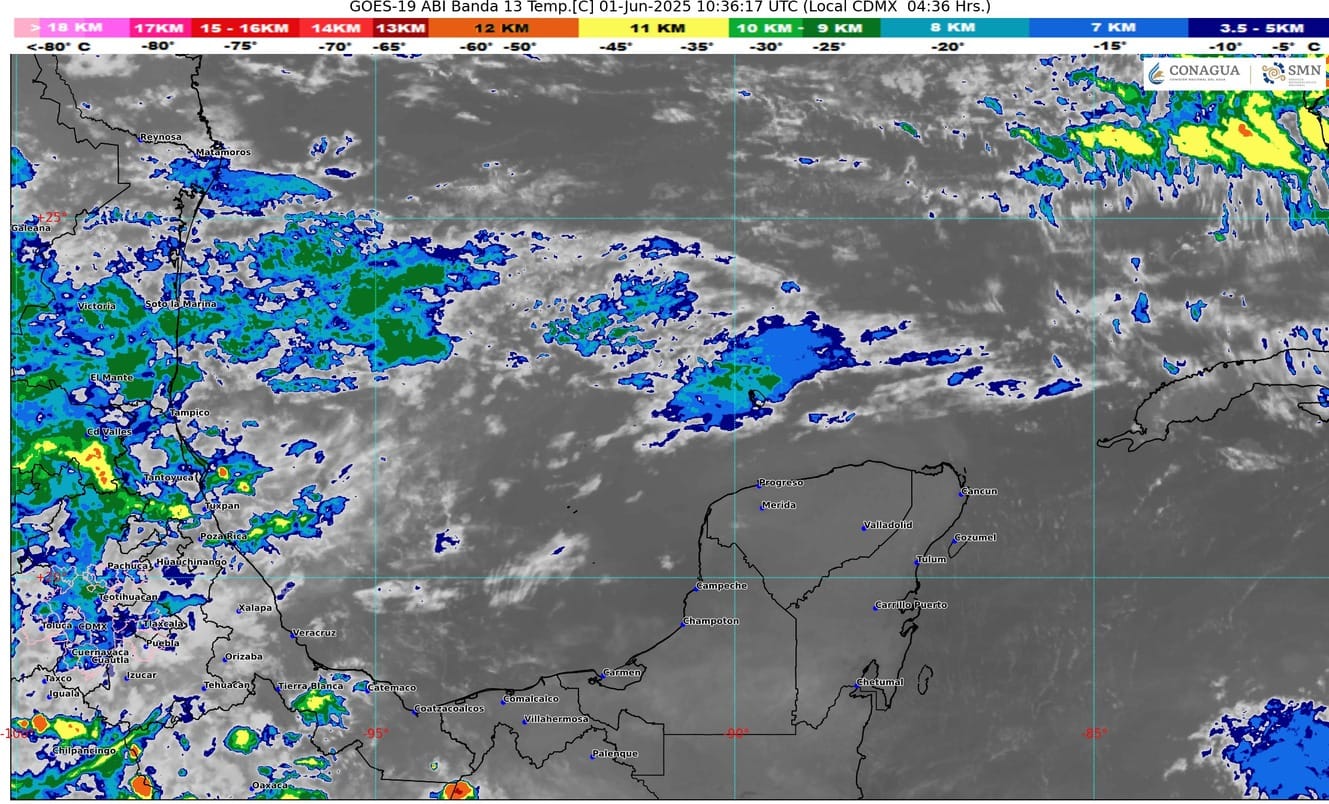 Pronóstico del clima en Quintana Roo para hoy domingo 1 de junio 2025; cielo medio nublado con lluvias puntuales fuertes en Campeche, Yucatán y Quintana Roo.