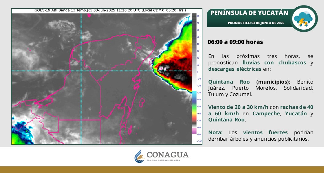 Cielo medio nublado a nublado durante el día, con lluvias puntuales intensas en el estado, Campeche y Yucatán.