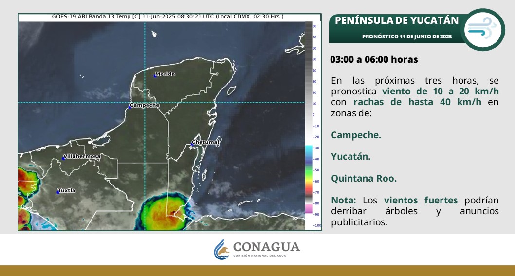 Cielo con nubosidad dispersa, ambiente cálido y posibilidad de chubascos en Yucatán y Quintana Roo. Lluvias fuertes en Campeche.