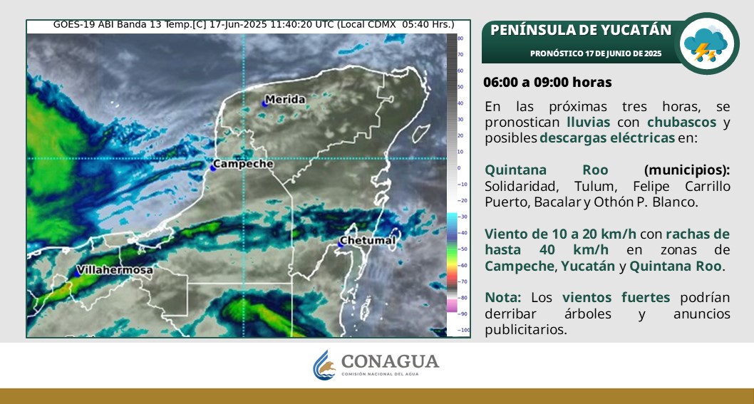Pronóstico del clima en Quintana Roo para hoy martes 17 de junio 2025; cielo nublado con lluvias en Campeche, Yucatán y Quintana Roo,