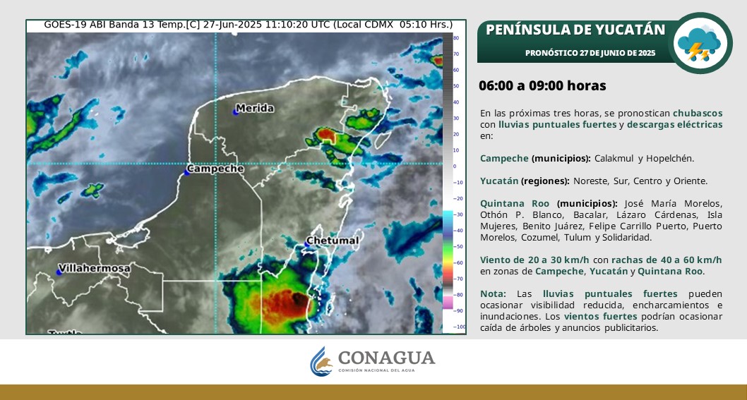 Clima: Se pronostican para hoy viernes lluvias intensas para Quintana Roo; viento de 20 a 30 km/h con rachas de 40 a 60 km/h en el estado.