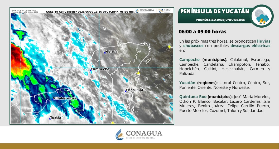 Cielo medio nublado con posibilidad de lluvias puntuales acompañadas con descargas eléctricas en Campeche, Yucatán y Quintana Roo.
