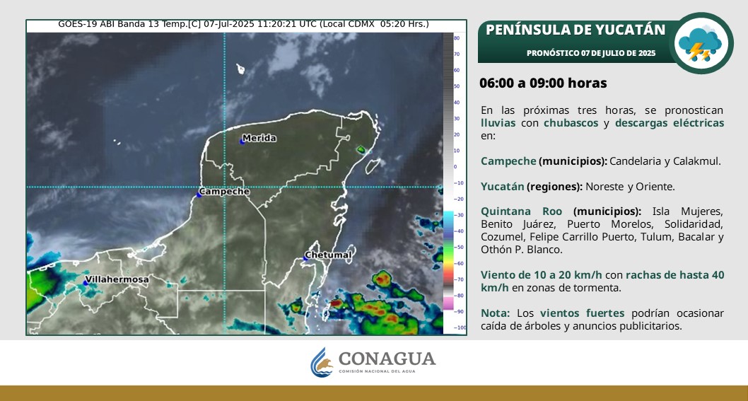 Pronóstico del clima en Quintana Roo para hoy lunes 7 de julio del 2025; cielo medio nublado con lluvias puntuales fuertes en zonas de Campeche, Yucatán y Quintana Roo.
