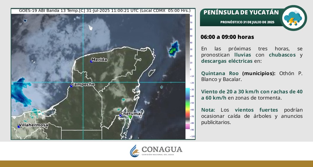Pronóstico del clima en Quintana Roo para hoy jueves 31 de julio 2025; durante la tarde ambiente cálido en Quintana Roo y caluroso en zonas de Campeche y Yucatán.