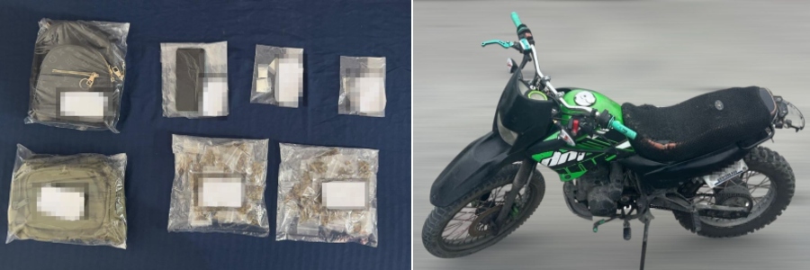 Detienen a pareja por narcomenudeo en estacionamiento de supermercado en Cancún; los enervantes y la motocicleta decomisadas a Aileen Guadalupe y Héctor Isaac “N”.