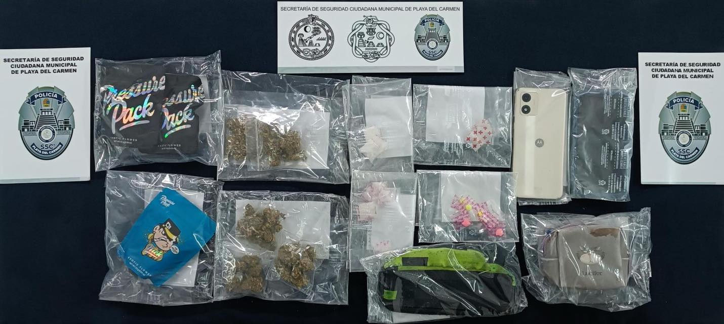 Detienen a dos por delitos contra la salud en Playa del Carmen; las drogas y objetos decomisados a Yair Michel y al salvadoreño Rafael Arístides “N”.