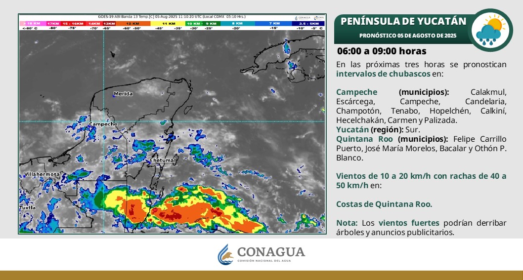 Pronóstico del clima en Quintana Roo para hoy martes 5 de agosto 2025; ambiente cálido y posibilidad de lluvias aisladas en zonas de Yucatán y Quintana Roo.