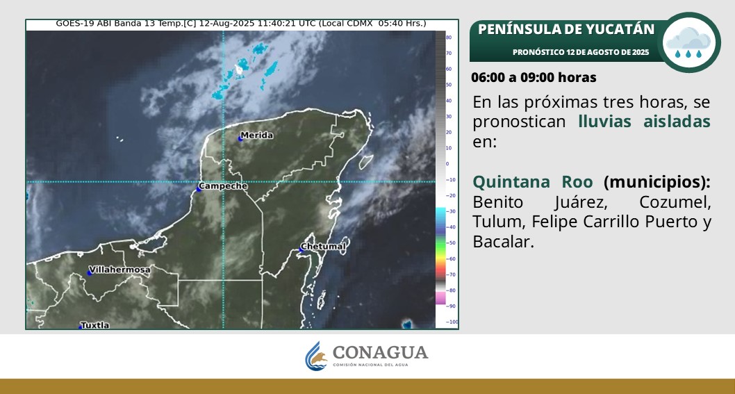 Cielo nublado con lluvias puntuales fuertes en Campeche, Yucatán y Quintana Roo, todas con descargas eléctricas.