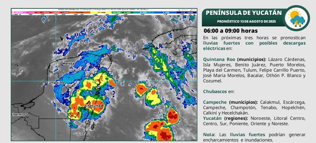 Pronóstico del clima en Quintana Roo para hoy miércoles 13 de agosto 2025; cielo nublado con lluvias puntuales intensas en el oeste de Campeche, así como lluvias puntuales muy fuertes en Yucatán y Quintana Roo.