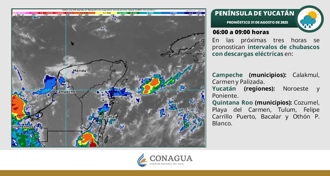 Pronóstico del clima en Quintana Roo para hoy domingo 31 de agosto 2025; cielo nublado con lluvias en Campeche y Yucatán, así como lluvias fuertes en Quintana Roo.