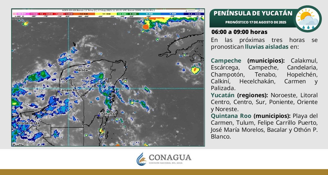 Pronóstico del clima en Quintana Roo para hoy domingo 17 de agosto 2025; cielo medio nublado con probalidad de chubascos para la Península.