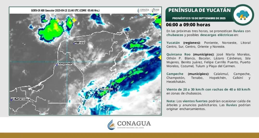 Pronóstico del clima en Quintana Roo para hoy lunes 15 de septiembre 2025; Cielo medio nublado con lluvias en Campeche, Yucatán y Quintana Roo.