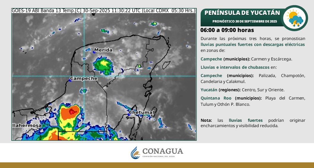 Pronóstico del clima en Quintana Roo para hoy martes 30 de septiembre 2025; lluvias puntuales muy fuertes en Campeche, Yucatán y Quintana Roo.