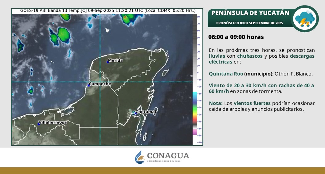 Cielo medio nublado a nublado, con lluvias puntuales muy fuertes en Yucatán y Campeche, así como fuertes en Quintana Roo.