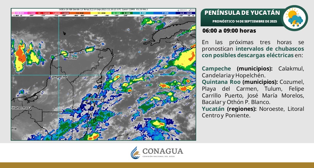 Pronóstico del clima en Quintana Roo para hoy domingo 14 de septiembre 2025; lluvias puntuales acompañadas con descargas eléctricas en Campeche, Yucatán y Quintana Roo.