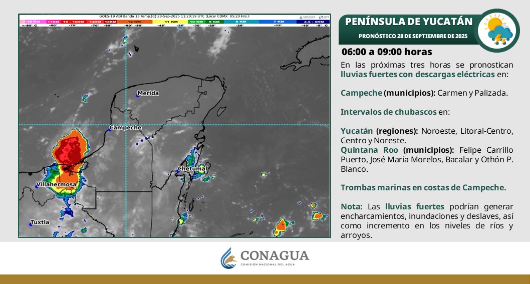 Pronóstico del clima en Quintana Roo para hoy domingo 28 de septiembre 2025; Durante la tarde ambiente cálido a caluroso, con temperaturas máximas mayores a 35 °C en zonas de Campeche, Yucatán y Quintana Roo.