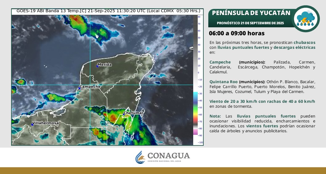 Pronóstico del clima en Quintana Roo para hoy domingo 21 de septiembre 2025; Cielo medio nublado con lluvias puntuales en Campeche, Yucatán y Quintana Roo.