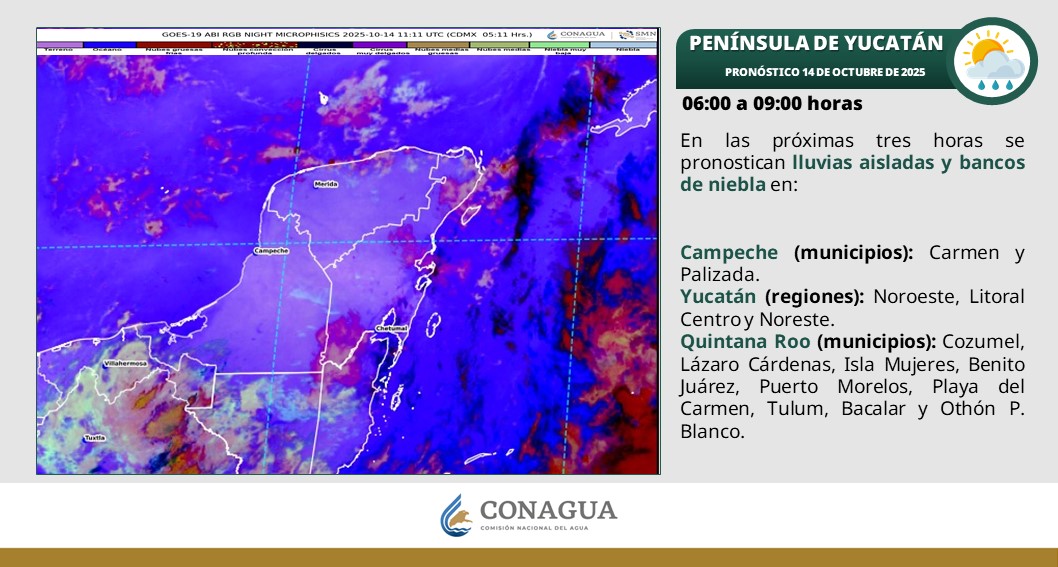 Pronóstico del clima para hoy; lluvias puntuales fuertes con posibles descargas eléctricas en Campeche, Yucatán y Quintana Roo.