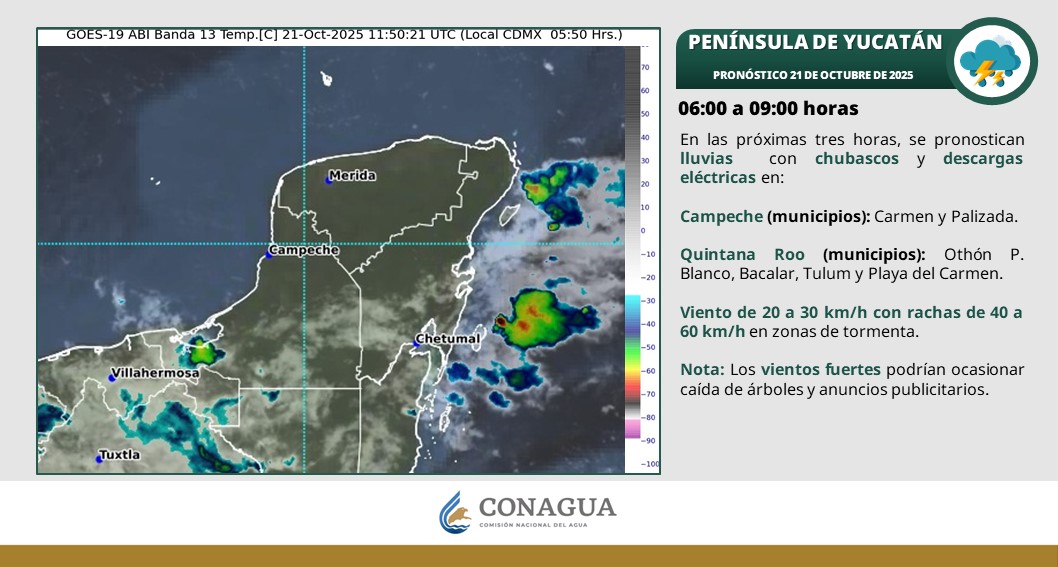 Pronóstico del clima en Quintana Roo para hoy martes 21 de octubre 2025; lluvias fuertes en la entidad, Campeche y Yucatán.
