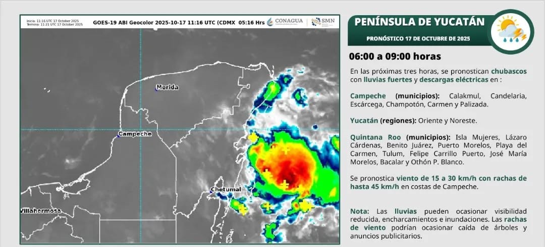 Pronóstico del clima; durante la tarde, ambiente cálido a caluroso con lluvias puntuales muy fuertes en Quintana Roo.