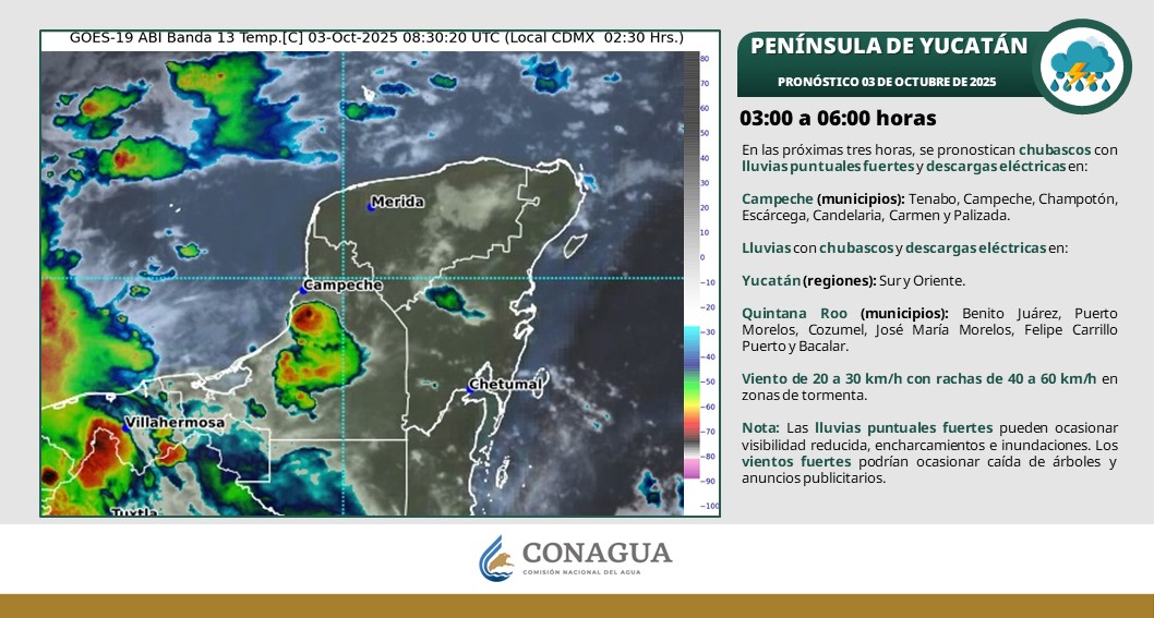 Pronóstico del clima en Quintana Roo para hoy viernes 3 de octubre 2025; lluvias puntuales intensas en Yucatán y muy fuertes en Campeche y Quintana Roo.