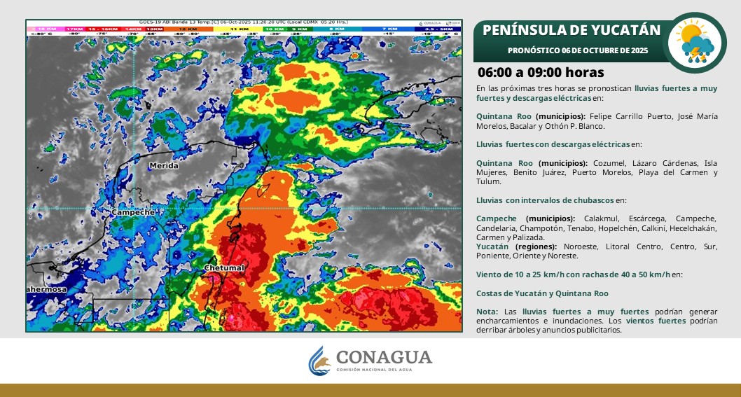 Pronóstico del clima en Quintana Roo para hoy lunes 6 de octubre 2025; lluvias puntuales intensas en Campeche (suroeste) y Quintana Roo (este y sureste).