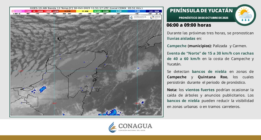 Pronóstico del clima en Quintana Roo para hoy jueves 30 de octubre 2025; se prevén lluvias aisladas en zonas de Yucatán y Quintana Roo.