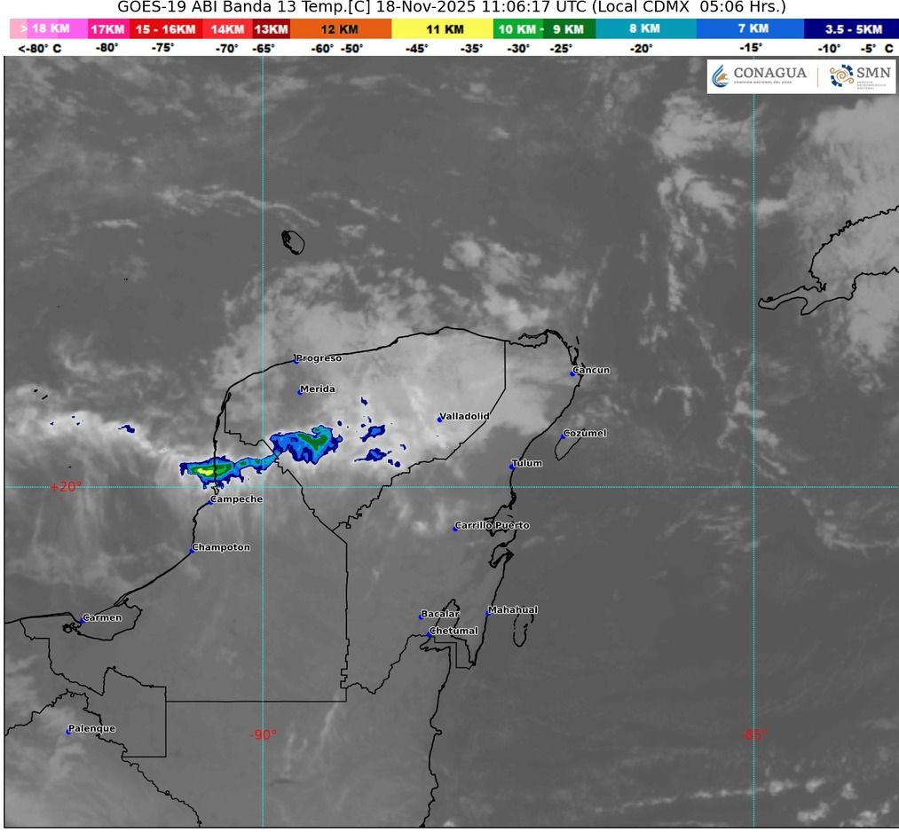 Pronóstico del clima en Quintana Roo para hoy martes 18 de noviembre 2025; cielo medio nublado con chubascos y posibles descargas eléctricas.