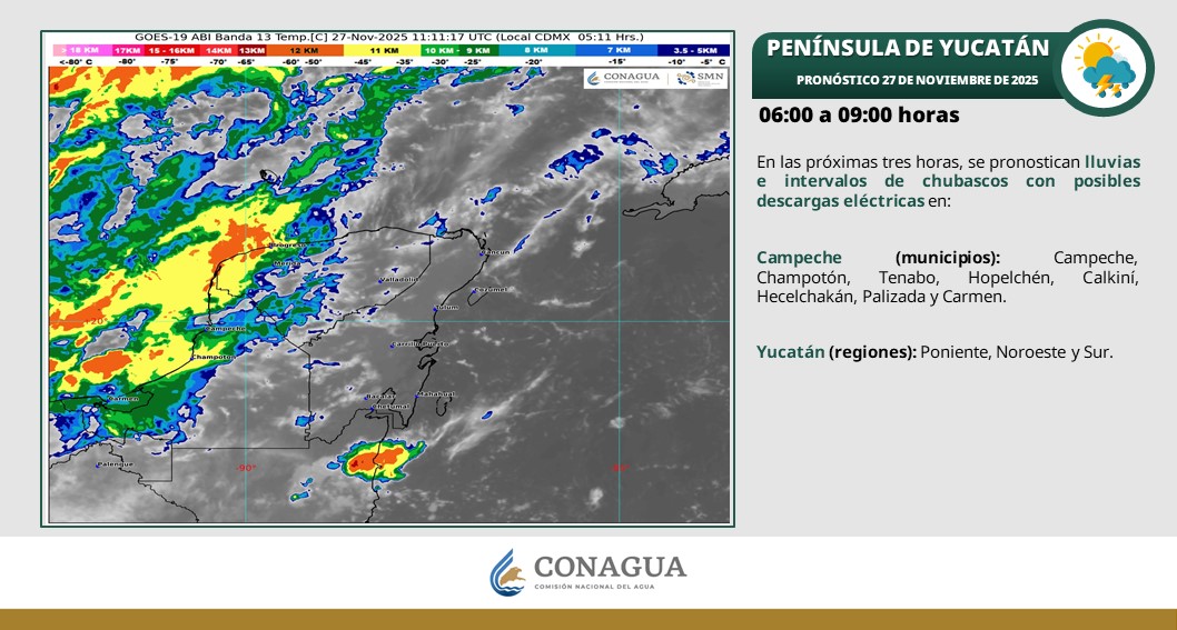 Pronóstico del clima en Quintana Roo para hoy jueves 27 de noviembre 2025; cielo medio nublado a nublado con lluvias puntuales fuertes.