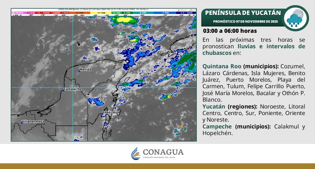 Durante la tarde, ambiente caluroso, con chubascos y posibles descargas eléctricas en Campeche, Yucatán y Quintana Roo.
