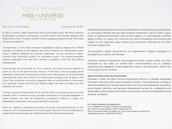 Omar Harfouch renuncia al jurado de Miss Universo 2025