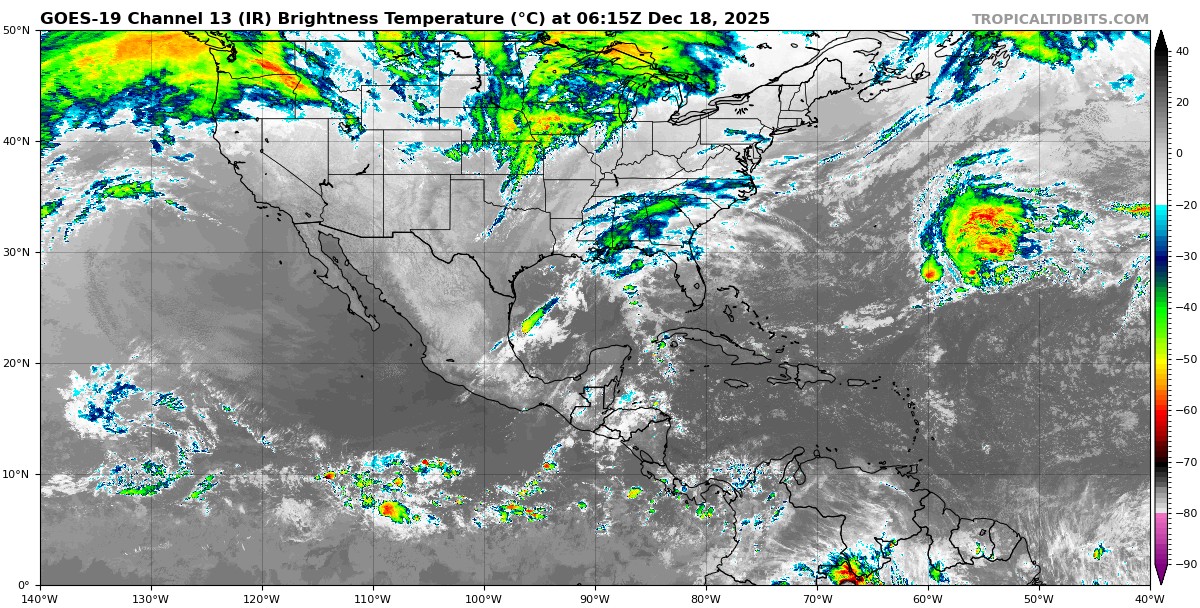 Pronóstico del clima en Quintana Roo para hoy jueves 18 de diciembre 2025; cielo medio nublado con lluvias puntuales en zonas del estado y Campeche.